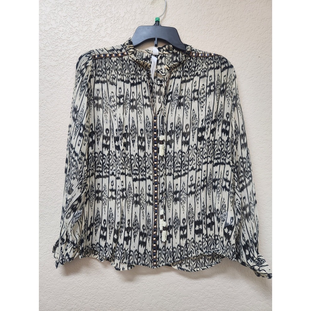 Stephanie Vaille Boho Ikat Embroidered Blouse Size S Sheer Tassel Viscose Top